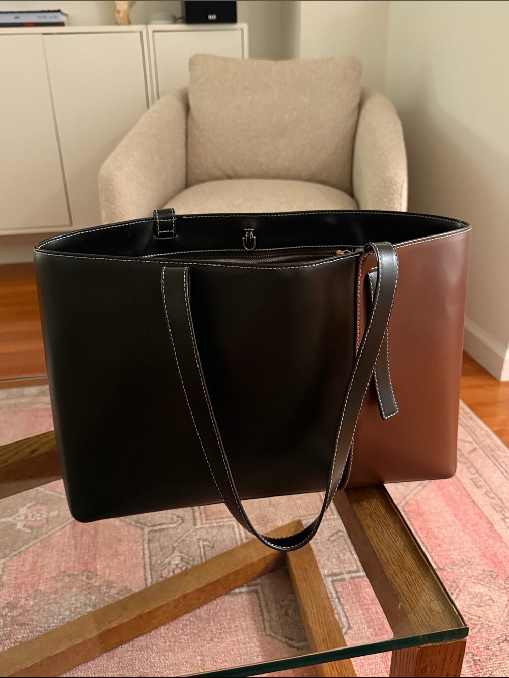 Staud Black and Brown Two-Tone Leather Tote Bag